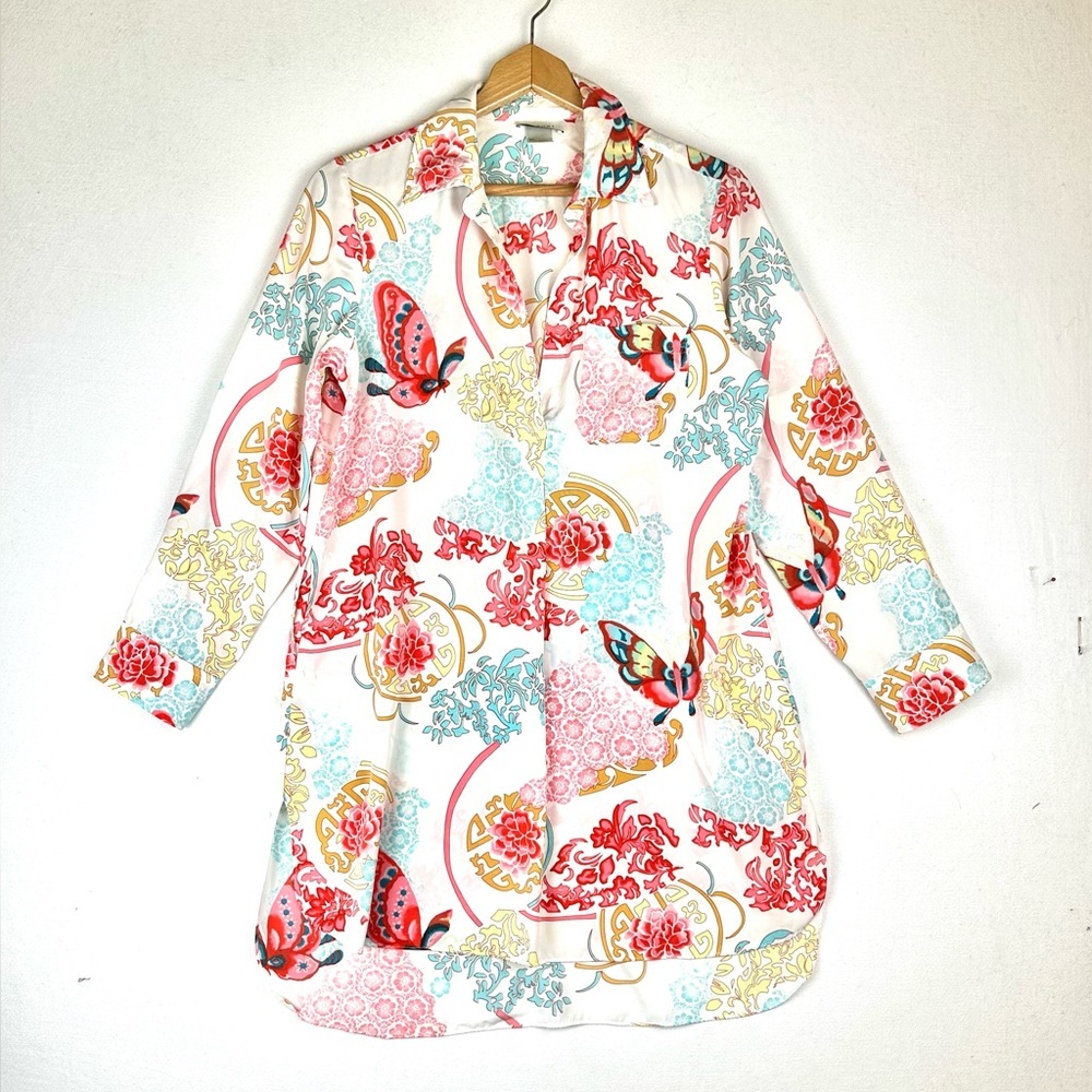 Natori Floral Butterfly Satin V-Neck Pullover Nightgown Sleep Shirt